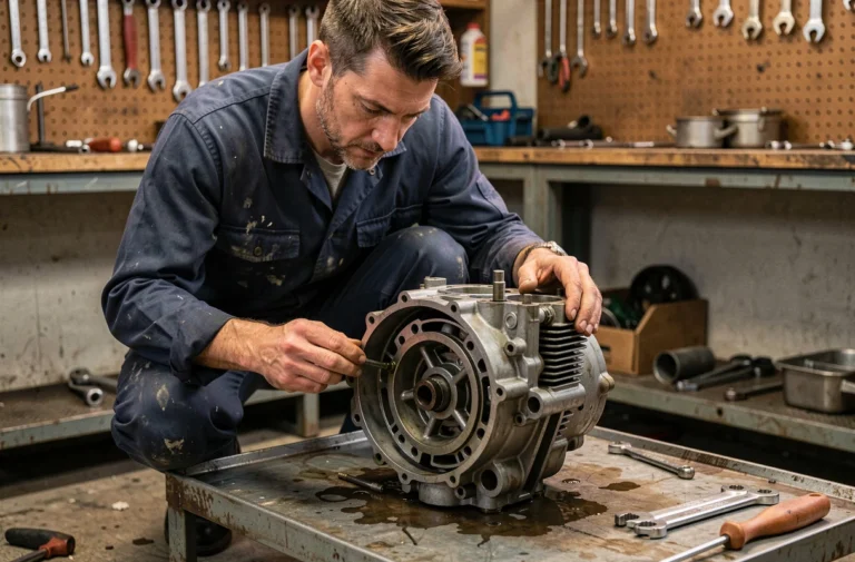 Mécanicien inspectant un moteur Dax 125cc sur un établi d'atelier moto