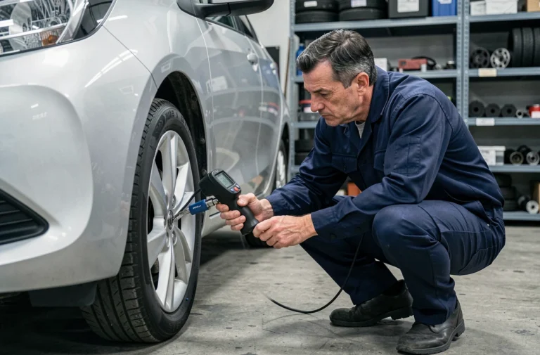 Mécanicien vérifiant la pression des pneus d'une Toyota Yaris hybride avec un manomètre numérique dans un garage automobile