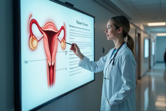 Médecin expliquant le fonctionnement du placenta et les échanges sanguins entre mère et fœtus sur un schéma anatomique en milieu hospitalier