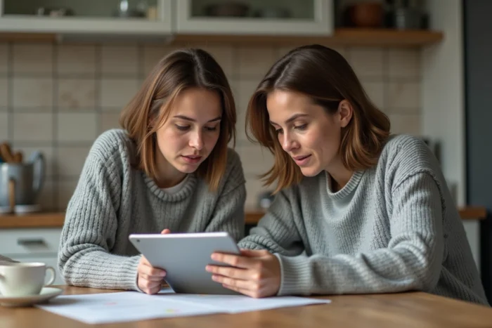 Mère et adolescent consultant ensemble les résultats du second groupe du bac sur une tablette dans la cuisine