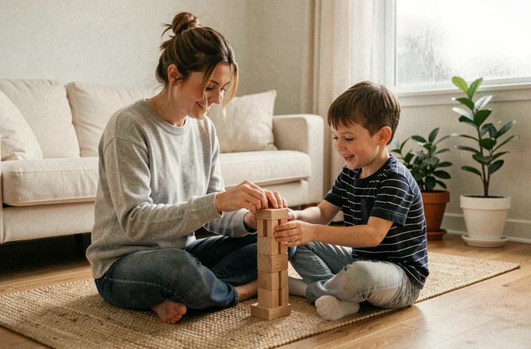 Mère et enfant jouant ensemble avec des blocs en bois sur le sol d'un salon chaleureux, illustrant l'accompagnement parental au quotidien