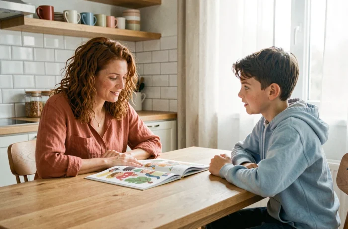Mère et enfant lisant un livre illustré ensemble à la table de cuisine, moment d'apprentissage et de complicité familiale à la maison