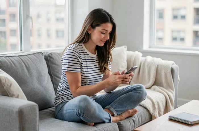 Jeune femme envoyant un message au service client de Shopping Boulevard via son smartphone sur son canapé