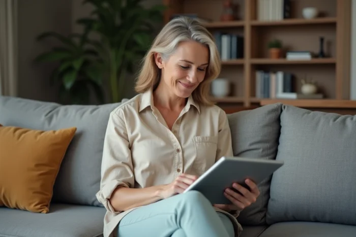 Femme mettant à jour son adresse de livraison Zalando sur une tablette dans son salon moderne