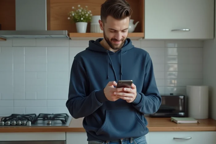 Homme modifiant l'adresse de livraison Zalando sur l'application mobile depuis sa cuisine