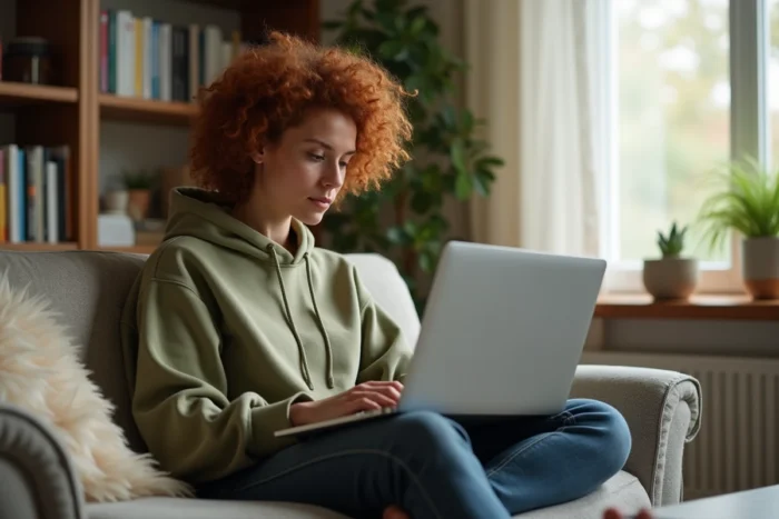Utilisateur naviguant intuitivement sur un site web bien structuré depuis son espace de travail à domicile