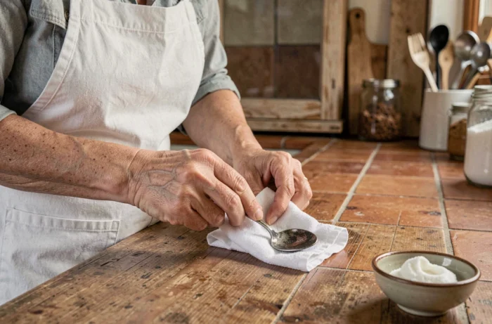 Femme nettoyant une cuillère en argent noircie avec un chiffon doux et de la bicarbonate de soude dans une cuisine rustique