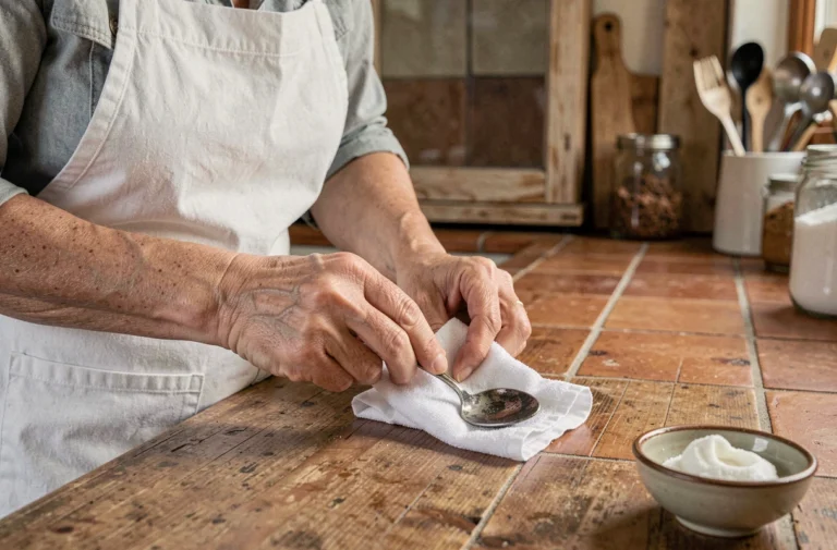 Femme nettoyant une cuillère en argent noircie avec un chiffon doux et de la bicarbonate de soude dans une cuisine rustique
