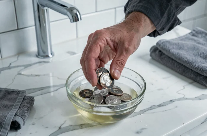 Homme nettoyant des pièces en argent noircies dans une solution de vinaigre et de sel sur un plan de travail en marbre