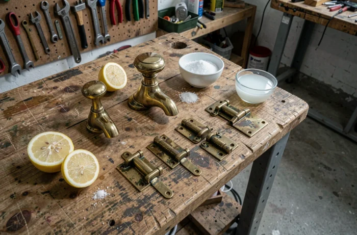 Assortiment d'objets en laiton poli et terni avec des ingrédients naturels comme le citron et le vinaigre sur un établi en bois