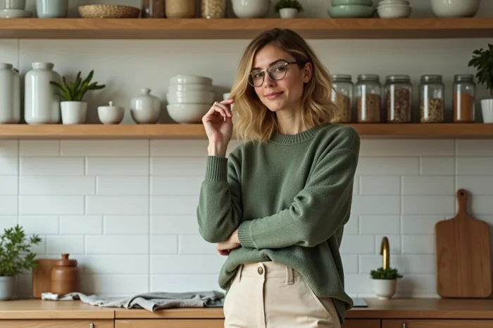 Femme organisant des étagères ouvertes en bois dans une cuisine moderne, conseils rangement et décoration intérieure