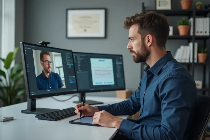 Orthophoniste professionnel en téléconsultation, prenant des notes devant son installation de bureau avec double écran et tablette numérique