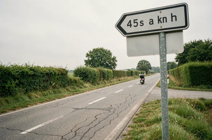 Panneau de limitation de vitesse à 45 km/h sur route de campagne française avec scooter en arrière-plan