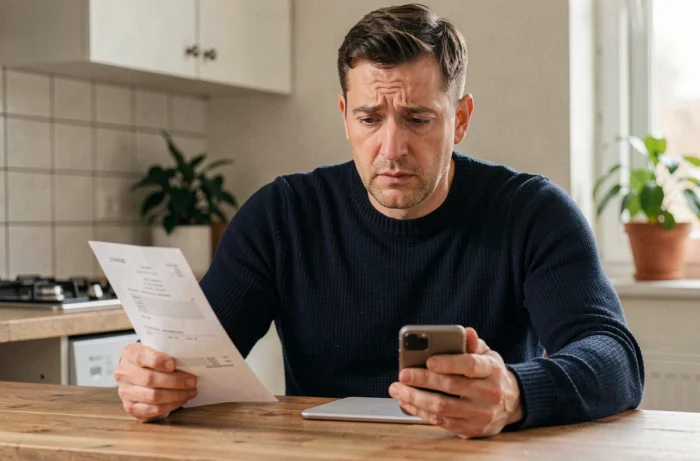 Homme consultant son smartphone pour vérifier si une entreprise a fermé ses portes après avoir reçu une facture