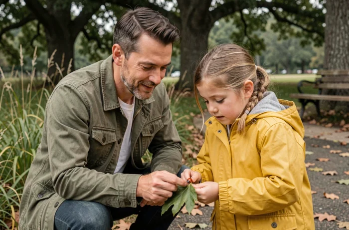 Père et fille observant un insecte dans un parc en plein air, moment de curiosité partagée et d'éveil éducatif en famille