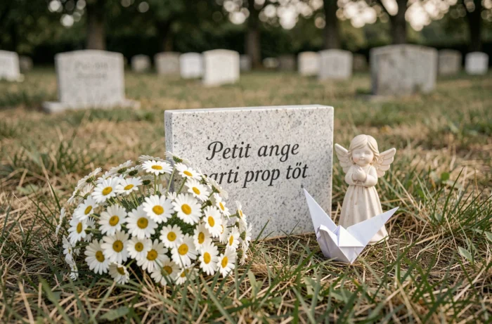 Petite plaque en granit gris gravée du message 'Petit ange parti trop tôt' entourée de marguerites blanches et d'une figurine d'ange en céramique