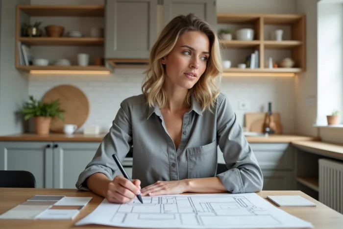 Femme consultant des plans de rénovation et des échantillons de matériaux dans une cuisine en cours de travaux d'aménagement
