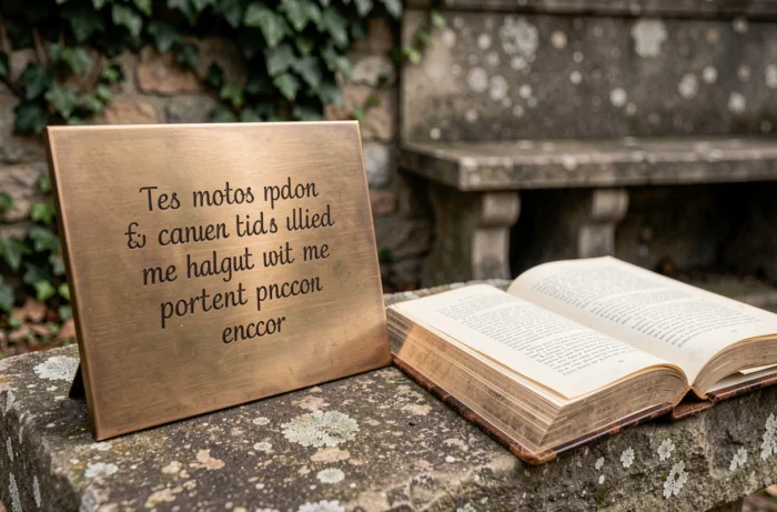 Plaque en bronze patiné gravée de 'Tes mots me portent encore' posée sur une pierre avec un vieux livre ouvert à côté
