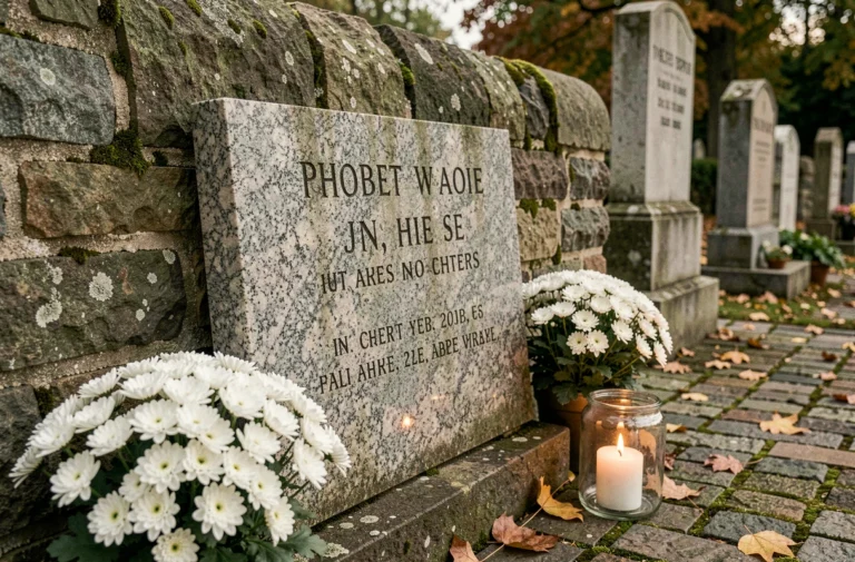 Plaque funéraire en granit dans un cimetière français entouré de chrysanthèmes blancs et d'une bougie allumée