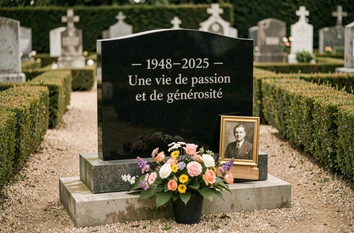 Grande plaque en granit noir gravée des dates 1948–2025 et d'un résumé de parcours avec une photo portrait et des fleurs déposées au pied