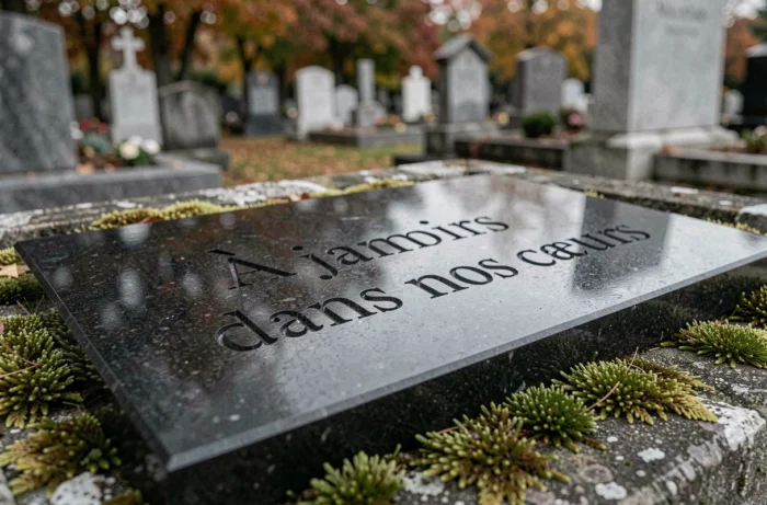 Gros plan d'une plaque en granit noir gravée de la formule 'À jamais dans nos cœurs' sur une tombe en pierre
