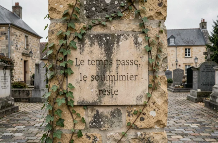 Plaque en grès gravée du proverbe 'Le temps passe, le souvenir reste' enchâssée dans un mur de cimetière recouvert de lierre