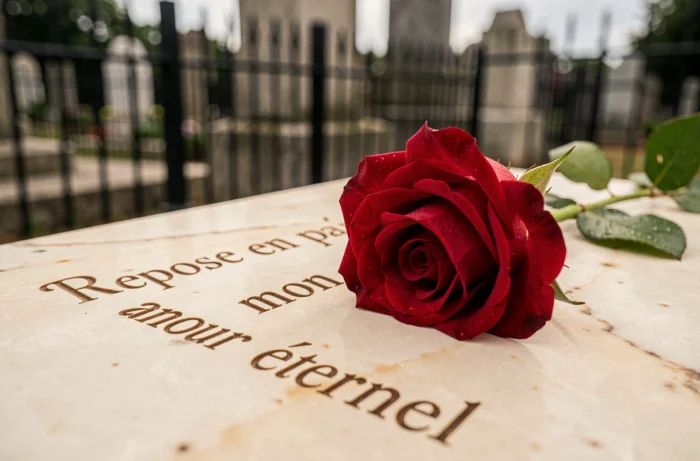 Plaque en marbre crème gravée de la déclaration conjugale 'Repose en paix, mon amour éternel' avec une rose rouge posée dessus
