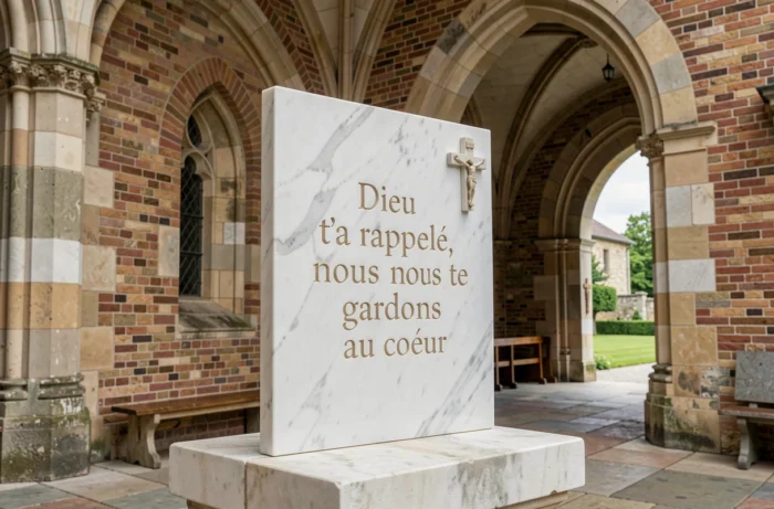 Plaque en marbre blanc gravée d'un message spirituel avec une croix sculptée, posée dans la cour d'une église française