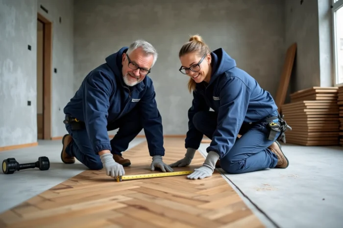 Deux artisans posant un parquet en bois massif en chevron lors de travaux de rénovation d'un appartement, outils de mesure et matériaux visibles