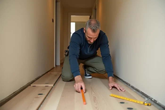 Homme posant un parquet stratifié chêne clair dans un couloir d'appartement, astuce bricolage pour rénover ses sols