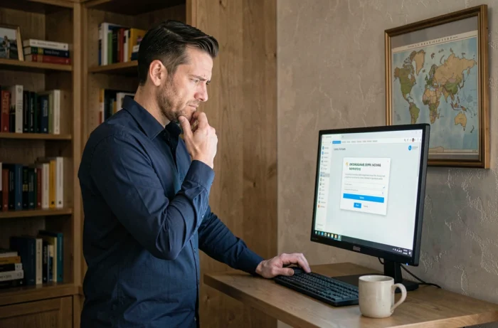 Homme face à un message d'erreur lors de la connexion à un logiciel RH depuis son bureau à domicile