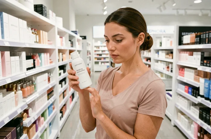 Femme examinant un produit Typology dans un rayon Sephora, illustration de la disponibilité de la marque en magasin