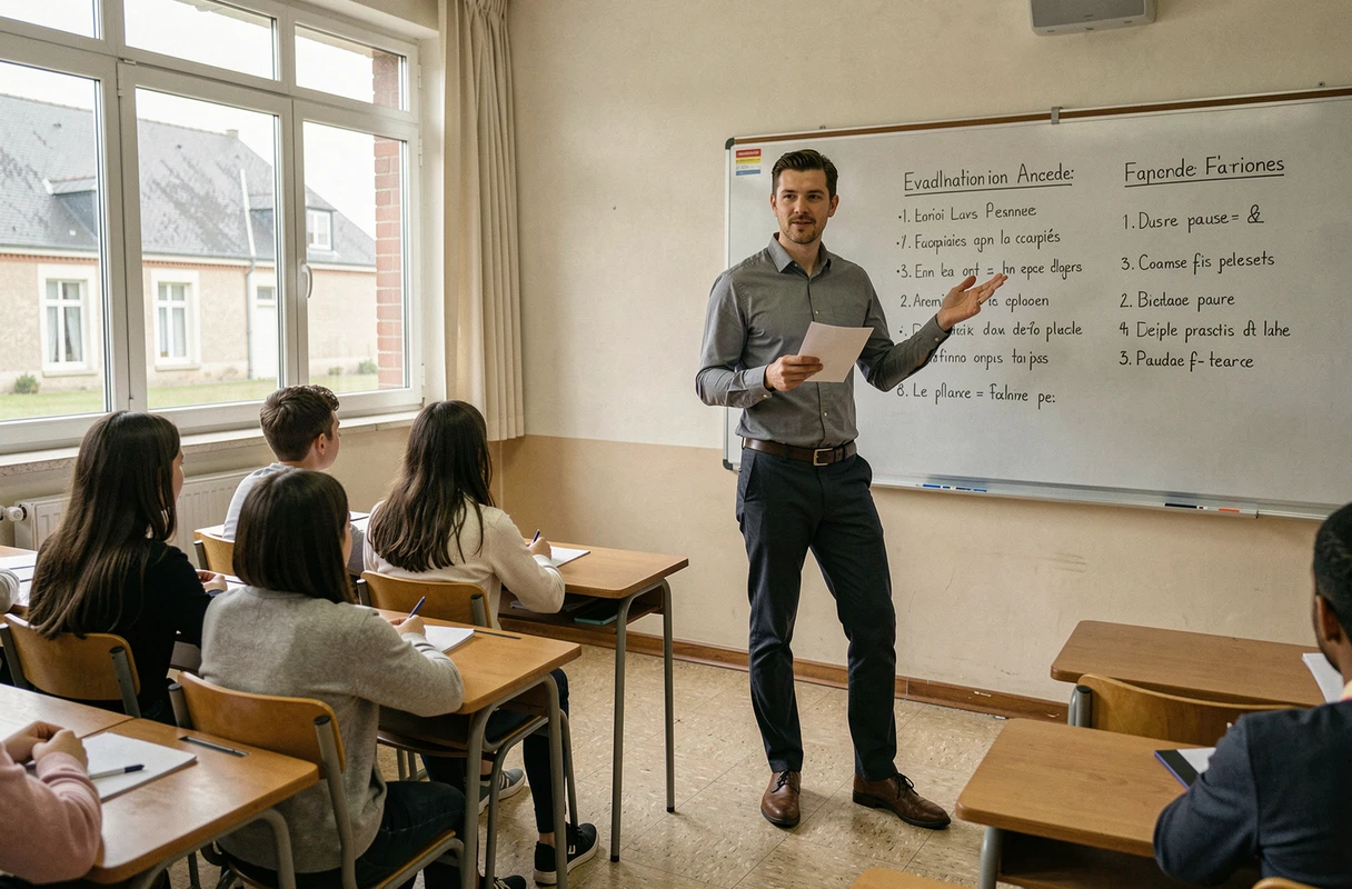 Professeur expliquant les critères d'évaluation du contrôle continu au brevet à ses élèves