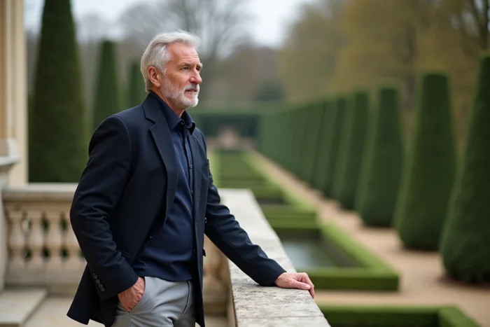 Portrait d'un propriétaire de château français en costume sur une terrasse en pierre avec vue sur les jardins