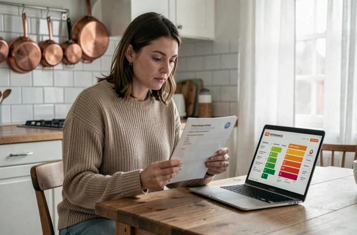 Propriétaire consultant son diagnostic de performance énergétique DPE à la maison avec un ordinateur portable affichant les classes énergétiques
