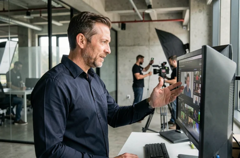 Réalisateur professionnel supervisant le tournage d'un film d'entreprise dans un bureau moderne