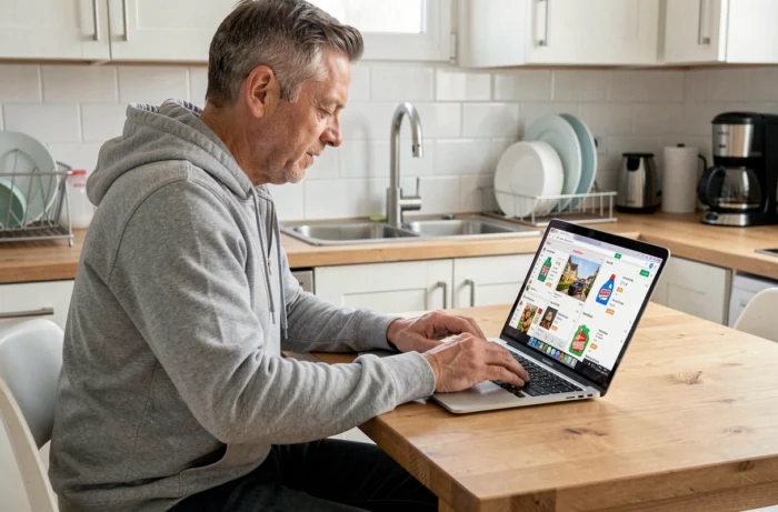 Homme recherchant du Domestos disponible en ligne sur un ordinateur portable dans une cuisine moderne