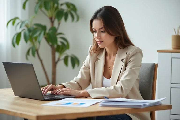 Femme consultant des annonces immobilières sur ordinateur portable pour trouver une location idéale