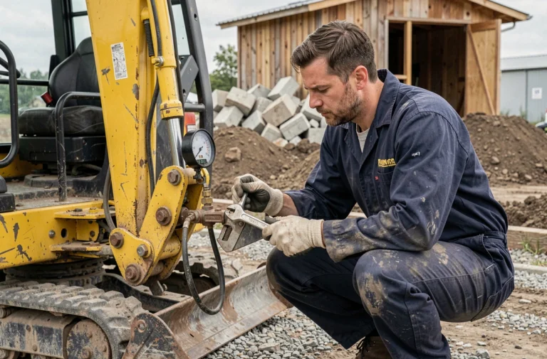 Mécanicien réglant la pression hydraulique d'une mini pelle sur un chantier avec une clé et un manomètre numérique