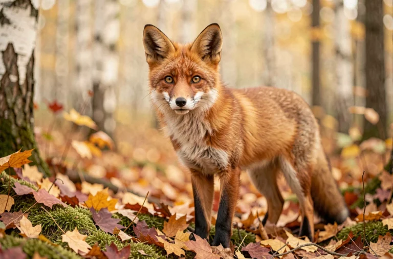 Renard roux sauvage en forêt automnale, regard alerte et fourrure détaillée, portrait animalier réaliste