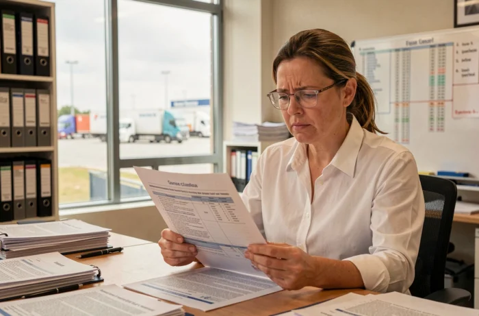 Responsable transport examinant la réglementation CQC dans un bureau de société logistique française