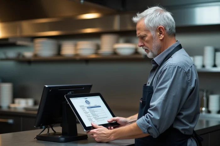 Restaurateur consultant la certification obligatoire de son logiciel de caisse enregistreuse