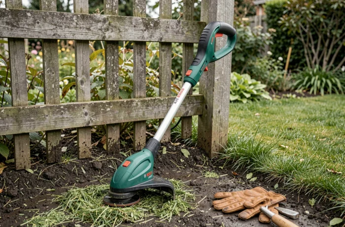 Rotofil Bosch Art 23 SL appuyé contre une clôture en bois dans un jardin avec des rognures d'herbe fraîchement coupées