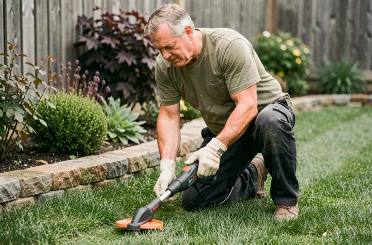 Homme utilisant le rotofil Bosch Art 23 SL pour tailler les bordures d'une pelouse verte et soignée dans un jardin résidentiel