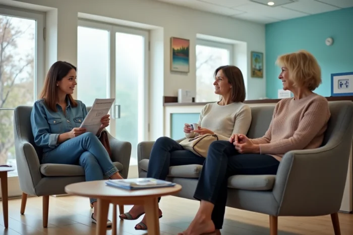 Salle d'attente d'un centre de planning familial en Bretagne avec des femmes attendant leur rendez-vous