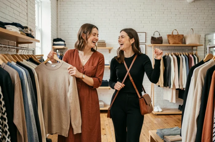 Deux femmes découvrant des vêtements tendance dans un concept store moderne, shopping mode et style contemporain