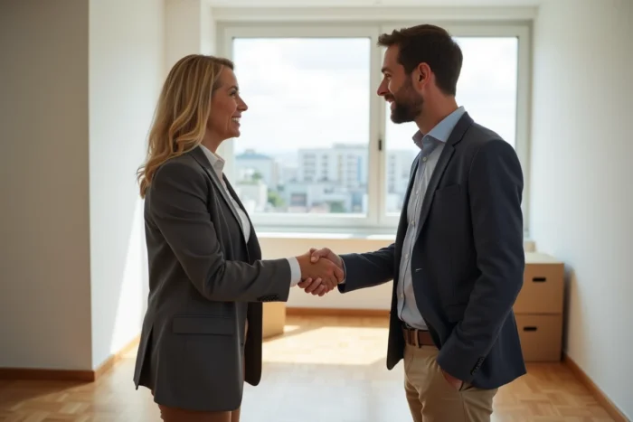 Signature d'un contrat de location entre locataire et agent immobilier dans un appartement vide
