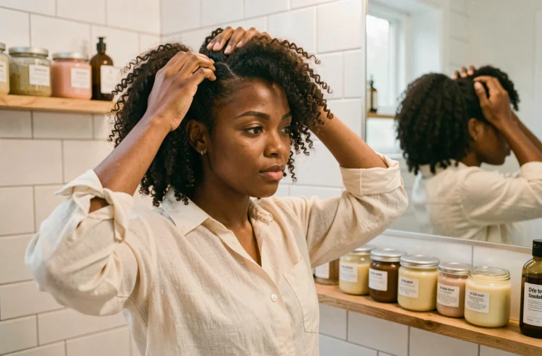 Femme noire appliquant de l'huile naturelle sur ses cheveux crépus dans une salle de bain lumineuse