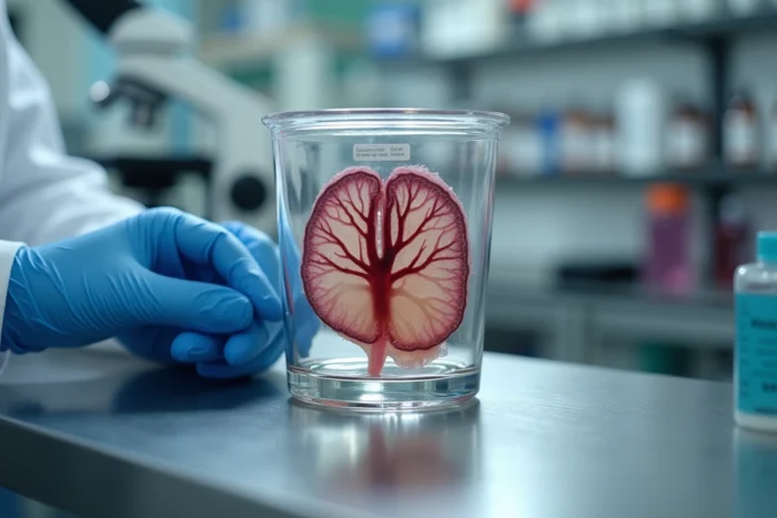 Spécimen de placenta humain en laboratoire d'anatomopathologie révélant le réseau vasculaire complexe impliqué dans les échanges sanguins materno-fœtaux