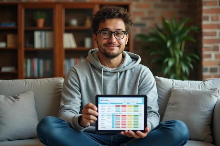 Jeune homme consultant une stratégie de recherche de mots clés sur une tablette dans un espace de travail à domicile